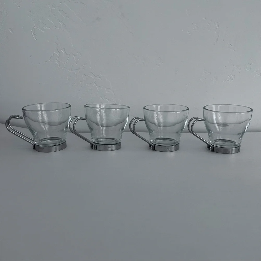 Bormioli Rocco Set of Four Tempered Glass Espresso Cups with Silver Handles